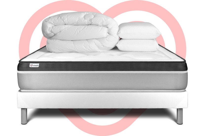Pack lit complet 180x200 cm - Matelas + Sommier Blanc (en kit) + 2 oreillers + Couette - Vital Ergo