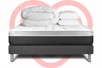 Pack lit complet 140x200 cm - Matelas + Sommier Gris (en kit) + 2 oreillers + Couette - Vital Soft