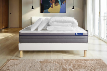 Pack lit complet 140x200 cm - Matelas + Sommier Blanc (en kit) + 2 oreillers + Couette - ActiMemo Zen
