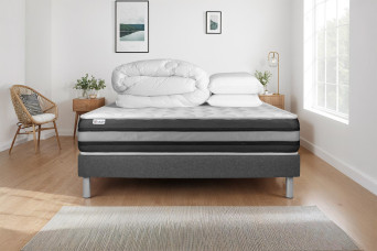 Pack lit complet 140x200 cm - Matelas + Sommier Gris (en kit) + 2 oreillers + Couette - Vitalspring Zen