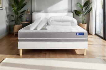 Pack lit complet 160x200 cm - Matelas + Sommier Blanc (en kit) + 2 oreillers + Couette - Actiflex Touch
