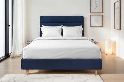 Lit 135x190 cm - Sommier tapissier H35 cm + tête de lit à lignes - Tissu Velours Bleu Océan