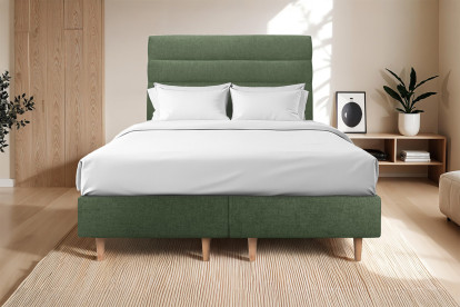 Lit 2x 90x200 cm - Sommier tapissier H35 cm + tête de lit à lignes - Tissu Toile natté Vert Kaki