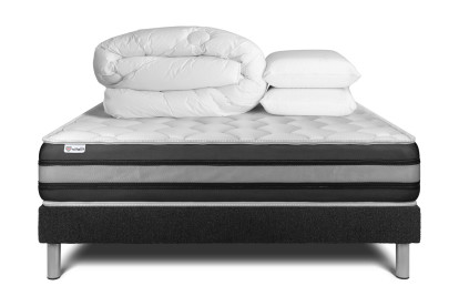 Pack lit complet 160x200 cm - Matelas + Sommier Noir (en kit) + 2 oreillers + Couette - Vitalspring Zen