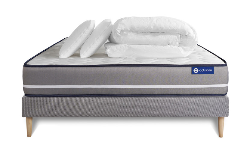 Pack lit complet 180x200 cm - Matelas + Sommier Gris (en kit) + 2 oreillers + Couette - Actimemo Pur