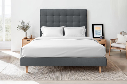 Lit 135x190 cm - Sommier tapissier H29 cm + tête de lit capitonnée - Tissu Velours Gris Anthracite