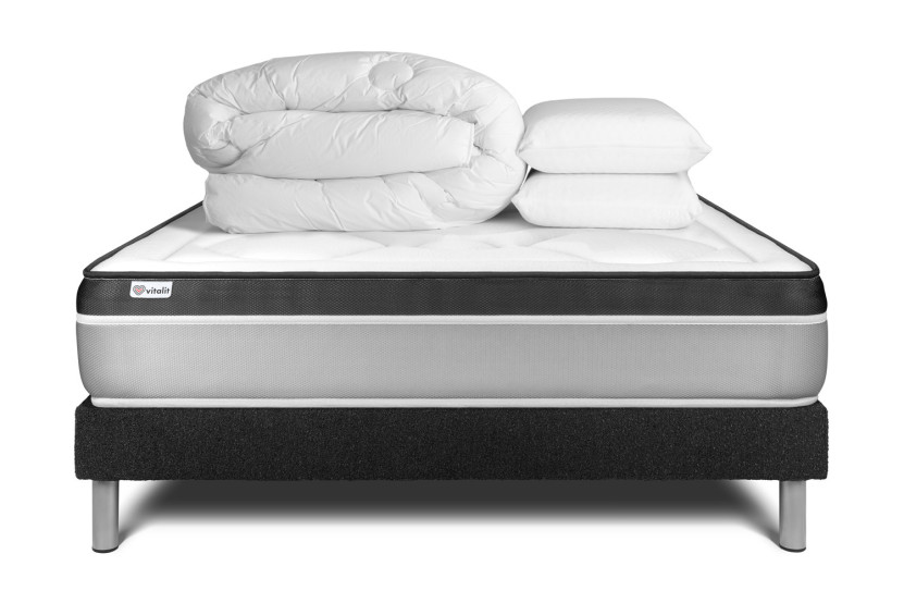 Pack lit complet 160x200 cm - Matelas + Sommier Noir (en kit) + 2 oreillers + Couette - Vital Ergo