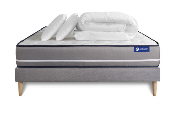 Pack lit complet 140x190 cm - Matelas + Sommier Gris (en kit) + 2 oreillers + Couette - Actimemo Pur