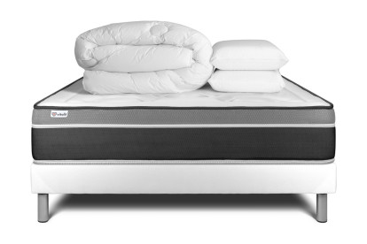 Pack lit complet 160x200 cm - Matelas + Sommier Blanc (en kit) + 2 oreillers + Couette - Vital Care