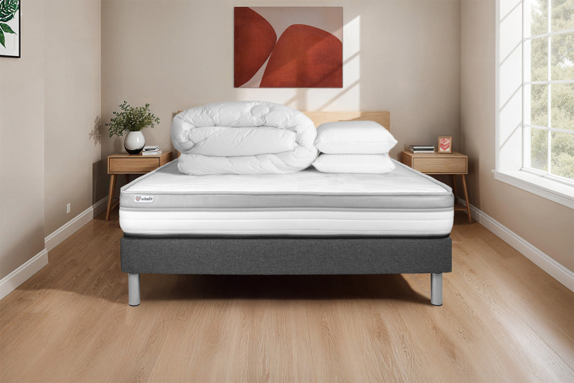 Pack lit complet 180x200 cm - Matelas + Sommier Gris (en kit) + 2 oreillers + Couette - Vital Relax