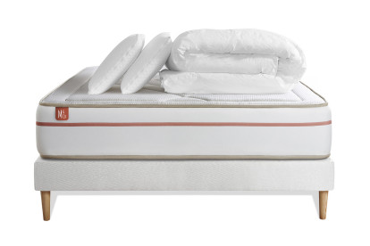 Pack lit complet 140x190 cm - Matelas + Sommier Blanc + 2 oreillers + Couette - Le Paisible