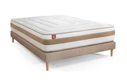 Pack lit complet 200x200 cm - Matelas + Sommier Beige (en kit) + 2 oreillers + Couette - Le Raffiné