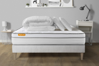 Pack lit complet 160x200 cm - Matelas + Sommier Blanc (en kit) + 2 oreillers + Couette - Memo Luxe Pack lit complet 160x200 cm - Matelas + Sommier Blanc (en kit) + 2 oreillers + Couette - Memo Luxe