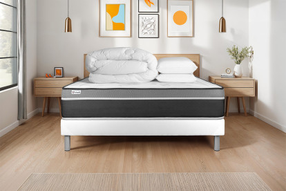 Pack lit complet 140x200 cm - Matelas + Sommier Blanc (en kit) + 2 oreillers + Couette - Vital Care