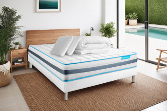 Pack lit complet 140x200 cm - Matelas + Sommier Blanc (en kit) + 2 oreillers + Couette - BodyFlex Pack lit complet 140x200 cm - Matelas + Sommier Blanc (en kit) + 2 oreillers + Couette - BodyFlex