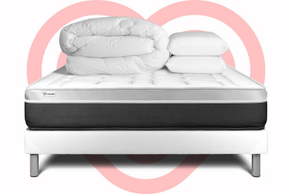 Pack lit complet 140x200 cm - Matelas + Sommier Blanc (en kit) + 2 oreillers + Couette - Vital Soft