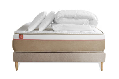 Pack lit complet 140x190 cm - Matelas + Sommier Beige (en kit) + 2 oreillers + Couette - Le Soyeux