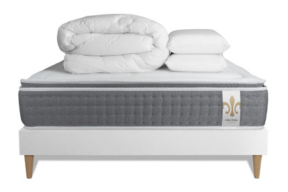 Pack lit complet 180x200 cm - Matelas + Sommier Blanc (en kit) + 2 oreillers + Couette - Vingt-Six PLUS