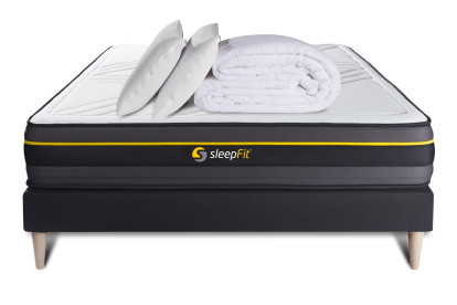 Pack lit complet 160x200 cm - Matelas + Sommier Noir (en kit) + 2 oreillers + Couette - Active