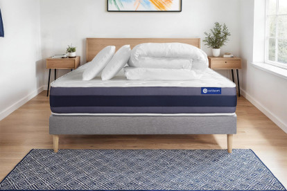 Pack lit complet 160x200 cm - Matelas + Sommier Gris (en kit) + 2 oreillers + Couette - Actimemo Morpho