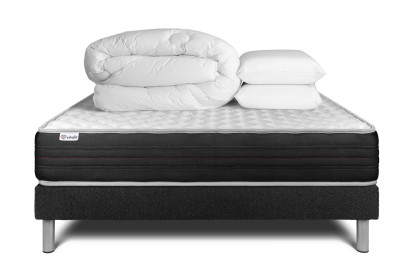 Pack lit complet 180x200 cm - Matelas + Sommier Noir (en kit) + 2 oreillers + Couette - Vitalmemo One