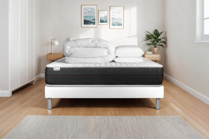 Pack lit complet 180x200 cm - Matelas + Sommier Blanc (en kit) + 2 oreillers + Couette - Vitalspring