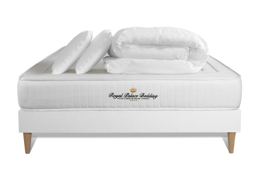 Pack lit complet 140x200 cm - Matelas + Sommier Blanc (en kit) + 2 oreillers + Couette - Lancaster