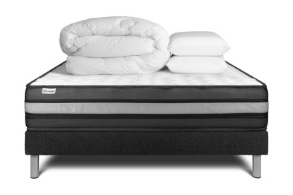 Pack lit complet 180x200 cm - Matelas + Sommier Noir (en kit) + 2 oreillers + Couette - Vital Power Zen