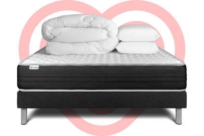 Pack lit complet 140x200 cm - Matelas + Sommier Noir (en kit) + 2 oreillers + Couette - Vitalmemo One