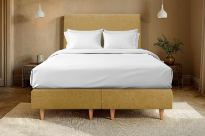 Lit 2x 90x200 cm - Sommier tapissier H35 cm + tête de lit tapissée - Tissu Toile natté Jaune