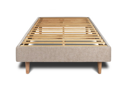 Lit 90x190 cm - Sommier à lattes H29 cm + tête de lit à lignes - Tissu Toile natté Beige Brun