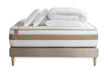 Pack lit complet 140x200 cm - Matelas + Sommier Beige (en kit) + 2 oreillers + Couette - Le Raffiné