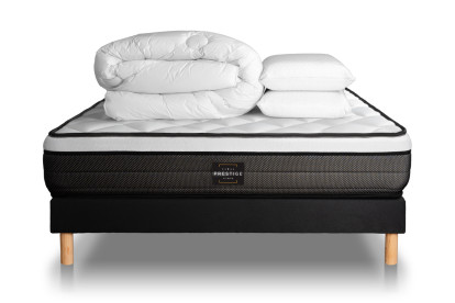 Pack lit complet 140x190 cm - Matelas + Sommier Noir (en kit) + 2 oreillers + Couette - Suite