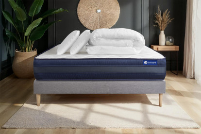 Pack lit complet 140x190 cm - Matelas + Sommier Gris (en kit) + 2 oreillers + Couette - Actiflex Tech