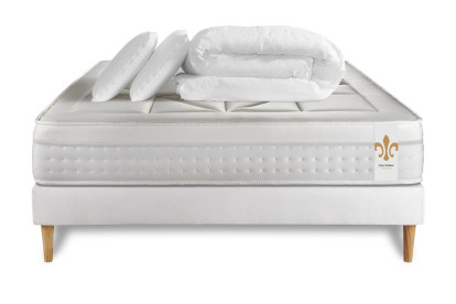 Pack lit complet 160x200 cm - Matelas + Sommier Blanc (en kit) + 2 oreillers + Couette - Vingt-Huit