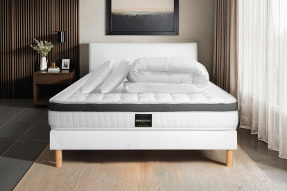 Pack lit complet 140x190 cm - Matelas + Sommier Blanc (en kit) + 2 oreillers + Couette - Supérieur