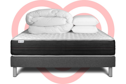 Pack lit complet 200x200 cm - Matelas + Sommier Gris (en kit) + 2 oreillers + Couette - Vitalmemo One
