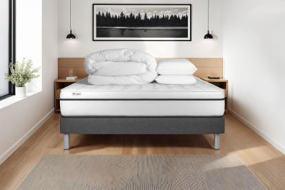 Pack lit complet 140x200 cm - Matelas + Sommier Gris (en kit) + 2 oreillers + Couette - Vital Spa