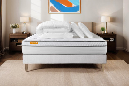 Pack lit complet 140x190 cm - Matelas + Sommier Blanc + 2 oreillers + Couette - Memo Luxe