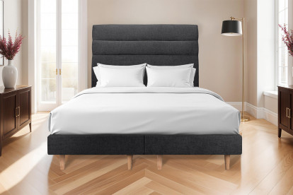 Lit 2x 90x200 cm - Sommier tapissier H29 cm + tête de lit à lignes - Tissu Toile natté Noir
