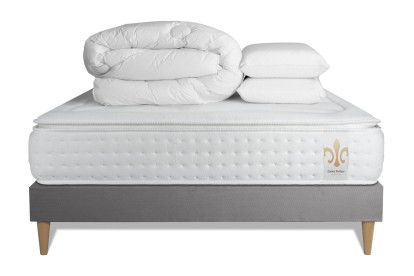 Pack lit complet 140x190 cm - Matelas + Sommier Gris (en kit) + 2 oreillers + Couette - Vingt-Quatre PLUS