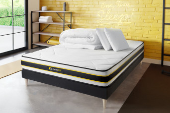 Pack lit complet 140x200 cm - Matelas + Sommier Noir (en kit) + 2 oreillers + Couette - Flexy