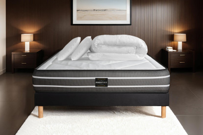 Pack lit complet 140x190 cm - Matelas + Sommier Noir + 2 oreillers + Couette - Exclusive