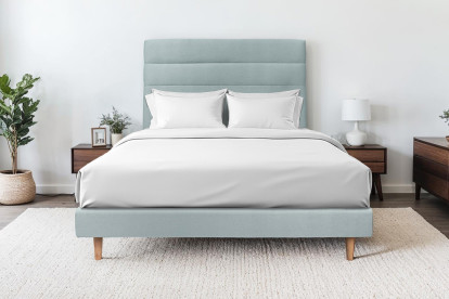 Lit 135x190 cm - Sommier tapissier H29 cm + tête de lit à lignes - Tissu Velours Gris Bleuté