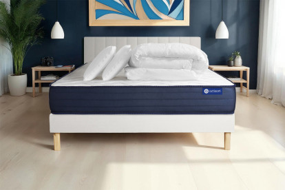 Pack lit complet 140x190 cm - Matelas + Sommier Blanc (en kit) + 2 oreillers + Couette - Actiflex Life