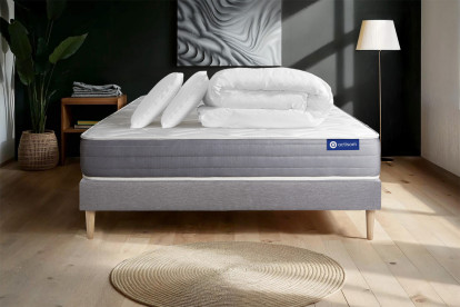 Pack lit complet 200x200 cm - Matelas + Sommier Gris (en kit) + 2 oreillers + Couette - Actimemo Dream