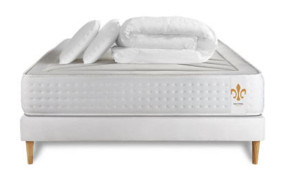 Pack lit complet 180x200 cm - Matelas + Sommier Blanc (en kit) + 2 oreillers + Couette - Vingt-Quatre