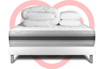 Pack lit complet 200x200 cm - Matelas + Sommier Blanc (en kit) + 2 oreillers + Couette - Vitalmemo Back