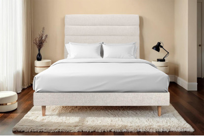 Lit 135x190 cm - Sommier à lattes H29 cm + tête de lit à lignes - Tissu Toile natté Beige Clair