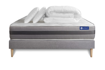 Pack lit complet 140x190 cm - Matelas + Sommier Gris (en kit) + 2 oreillers + Couette - Actiflex Relax